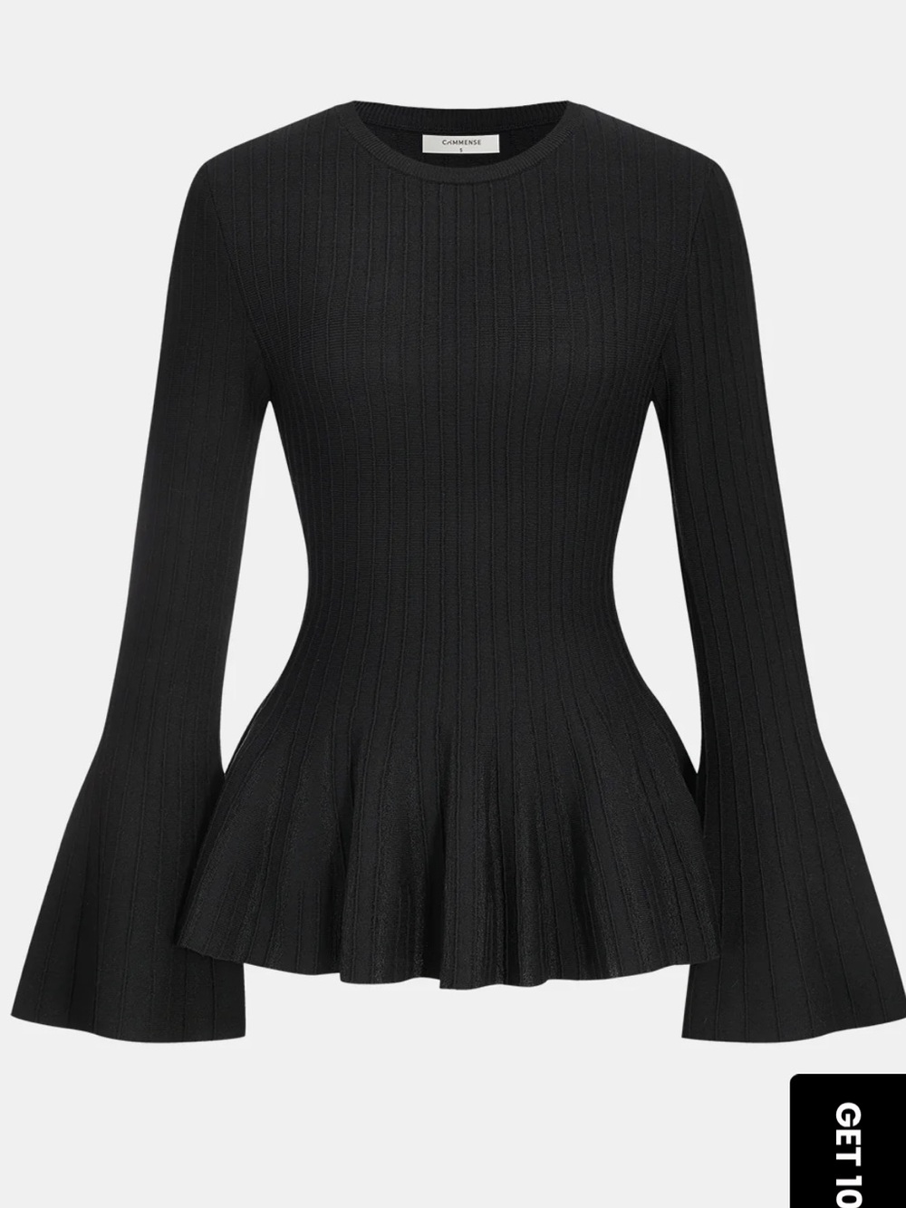 Commense Black Ribbed Peplum Sweater with Bell Sleeves